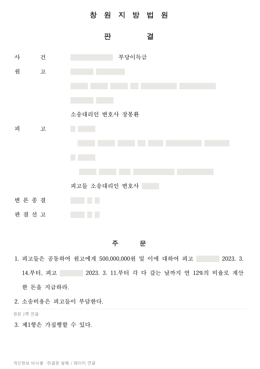 건축허가 취소로 공동사업이 불가능해져, 계약금 5억원 반환 인정 · 개인정보를 가린 판결문
