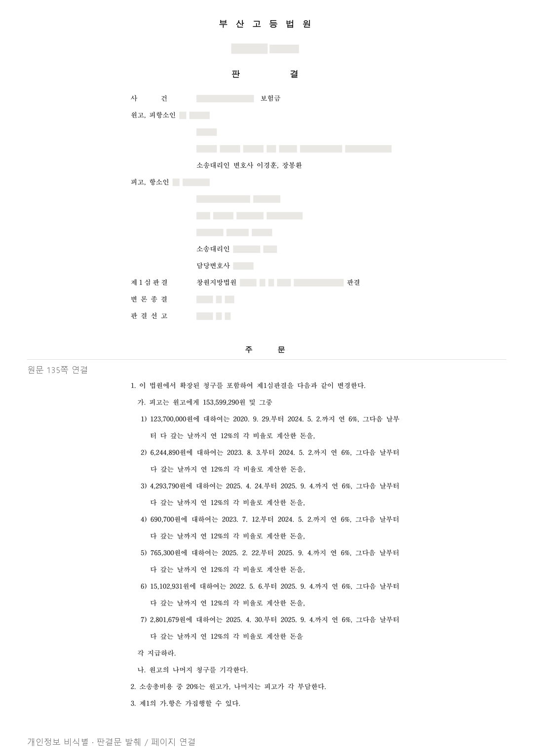 고의 사고라며 다툰 후유장해 보험금, 항소심에서 1억5천만원대 인정 · 개인정보를 가린 판결문