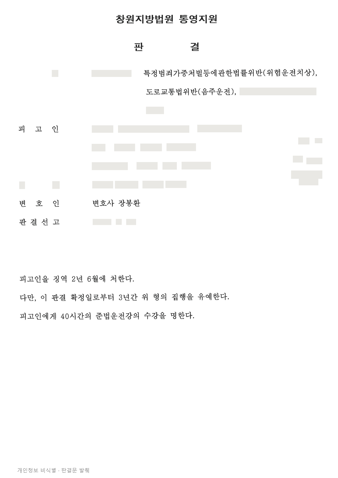 음주·무면허 인명사고, 피해자 합의 등을 참작해 징역 2년 6개월에 집행유예 · 개인정보를 가린 판결문