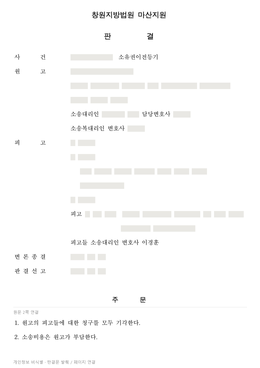 주택조합의 토지 이전 청구, 기존 매매계약의 합의해제로 전부 기각 · 개인정보를 가린 판결문