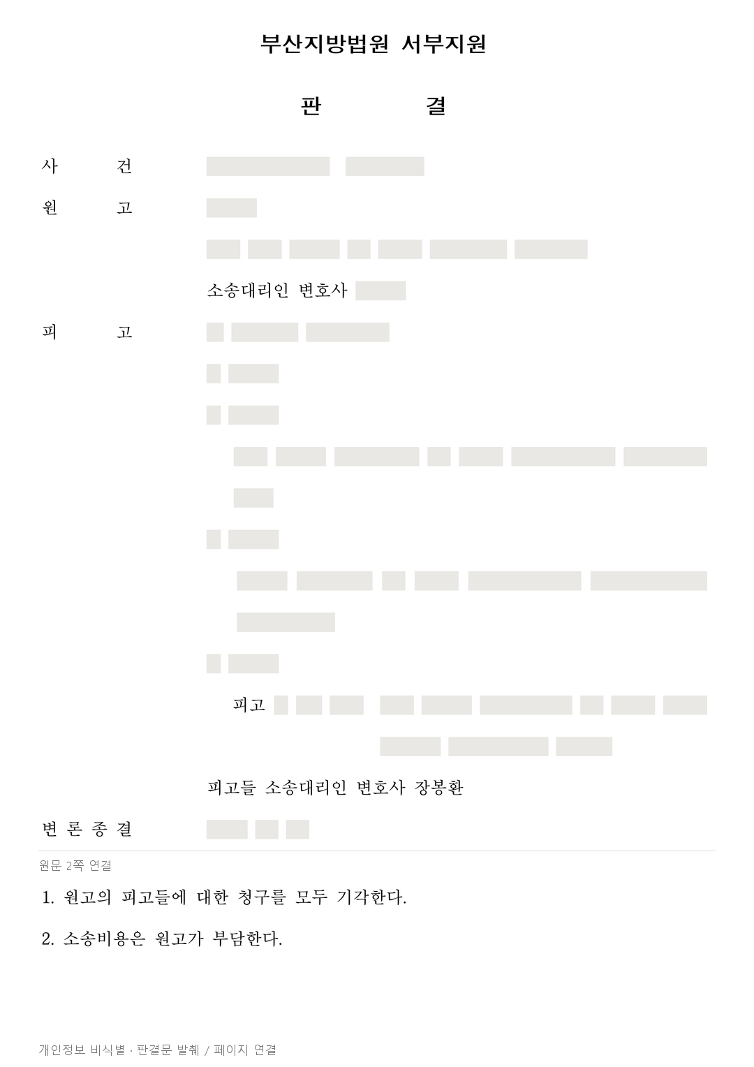공동투자 대출이자 5,486만 원 청구, 정산 약정 입증 부족으로 기각 · 개인정보를 가린 판결문
