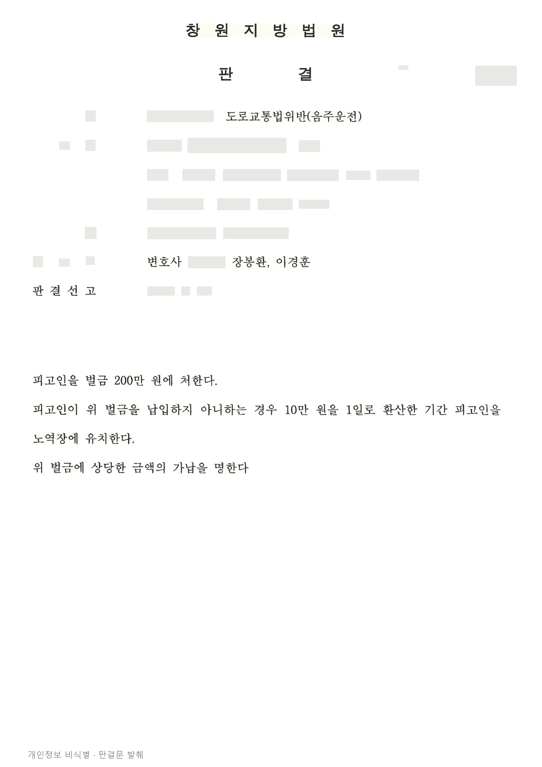 음주 다음 날 운전, 경과 시간과 낮은 수치 등 참작해 벌금 200만 원 · 개인정보를 가린 판결문
