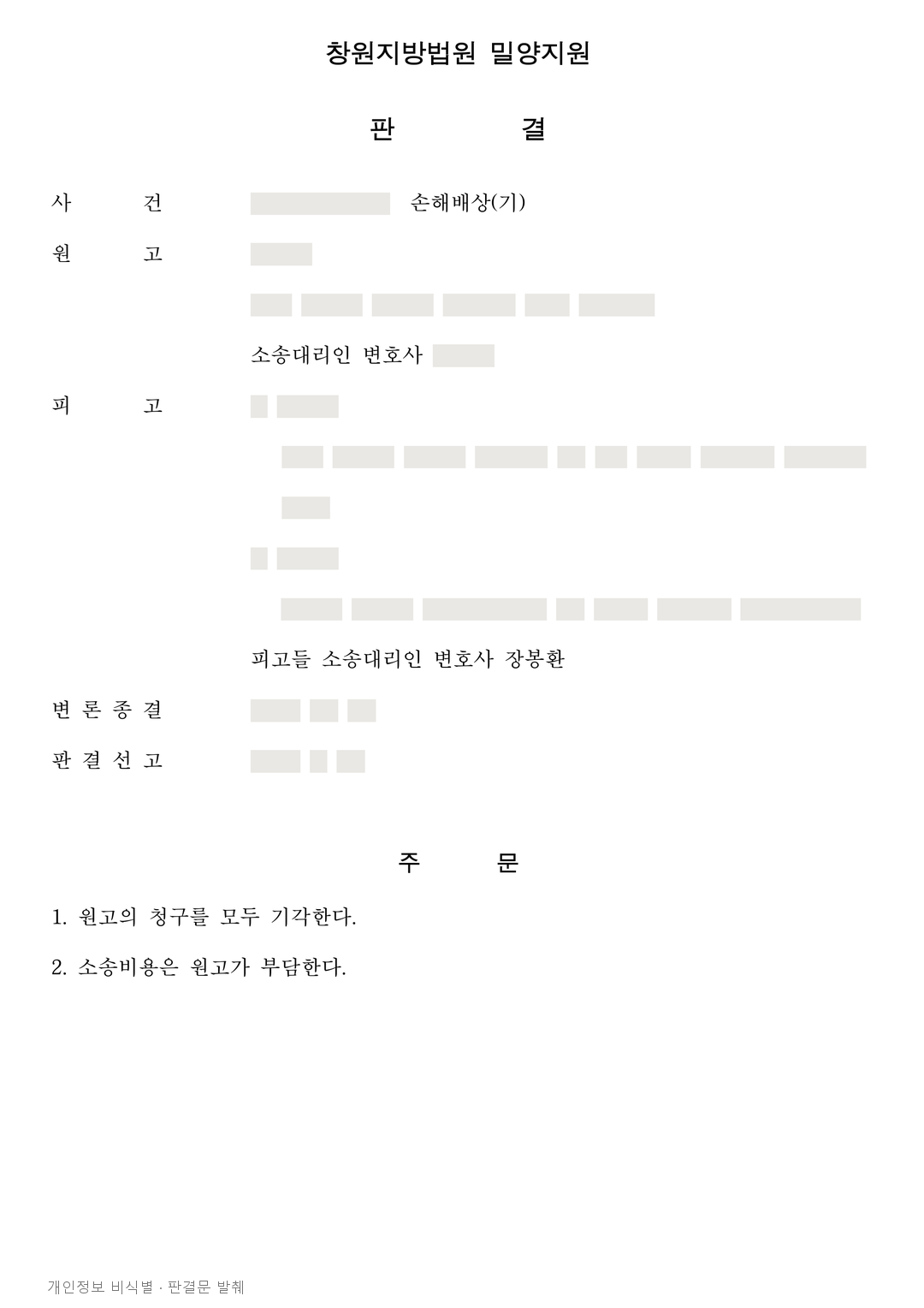 전화 중 거친 항의로 각 2천만원 배상 청구, 1심 기각·항소 기각 · 개인정보를 가린 판결문