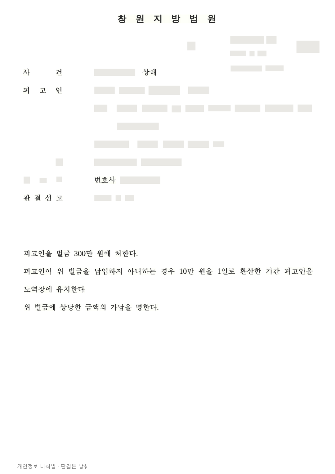 차량 이동 시비로 발생한 상해, 합의와 피해 정도를 고려해 벌금 300만원 · 개인정보를 가린 판결문