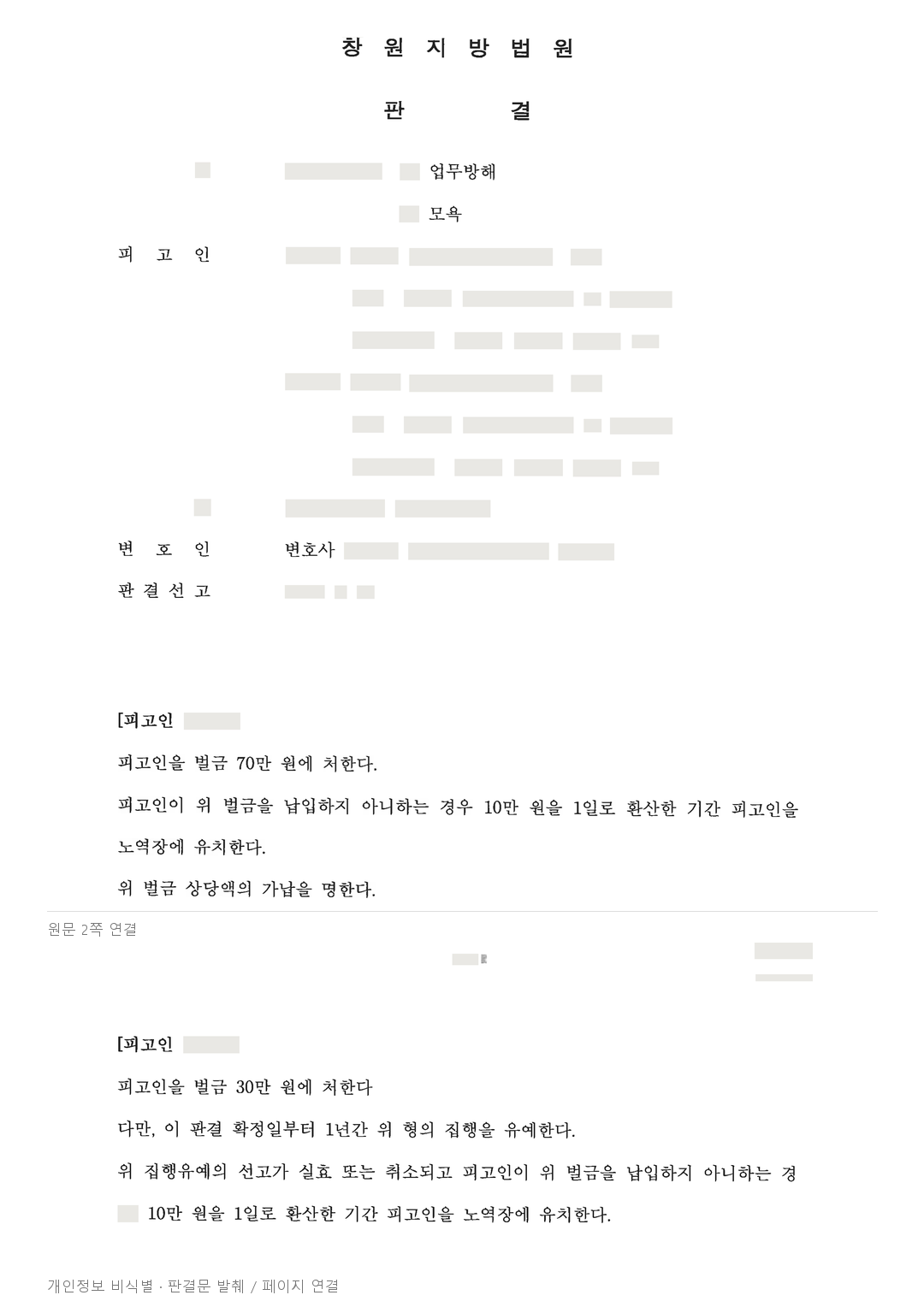함께 기소된 업무방해·모욕 사건, 가담 정도에 따라 벌금 집행유예를 달리한 사례 · 개인정보를 가린 판결문